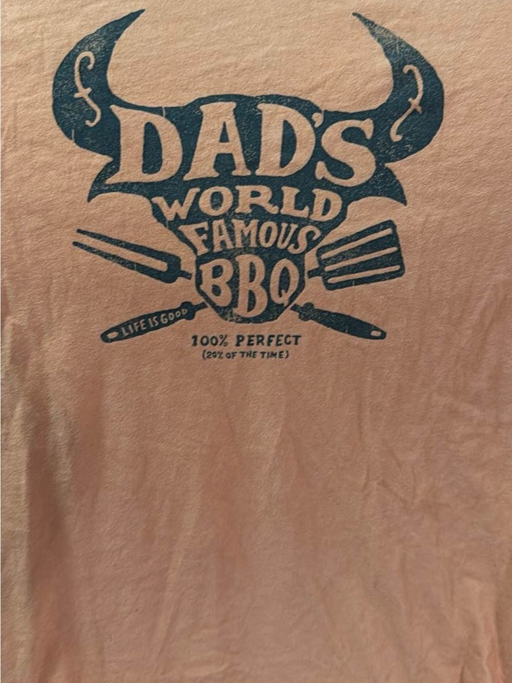 Life Is Good Peach Short Sleeve Tee with Blue BBQ Graphic